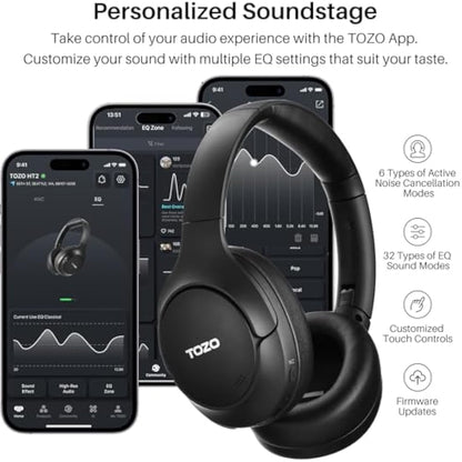 TOZO HT2 Hybrid Active Noise Cancelling Wireless Headphones, 60H Playtime Lossless Audio Over Ear Bluetooth Headphones, Hi-Res Audio Deep Bass Foldable Lightweight Headset for Workout