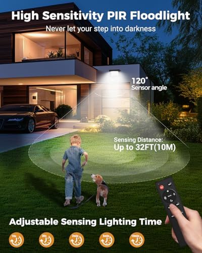 vighep Security Lights Outdoor Motion Sensor, 30W Led Pir Floodlight with Remote Control, 6500K Cold White IP66 Waterproof Outside Wall Light Mains Powered for Garage Backyard Garden Doorway-2Pack