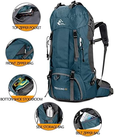 Bseash 60L Waterproof Hiking Camping Backpack with Rain Cover, Lightweight Outdoor Sport Travel Daypack Rucksack for Climbing Skiing