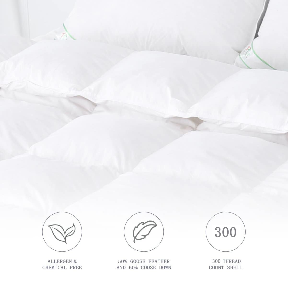 King Size 13.5 Tog - 50% White Goose Feather & 50% Down Duvet - 300T 100% Cotton Anti Dust Mite & Down Proof Fabric - Anti Allergen - Luxury Winter