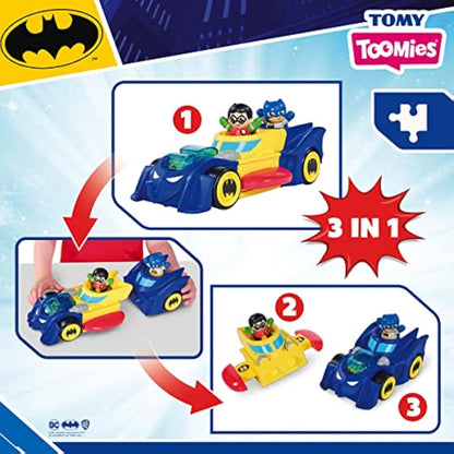 Toomies DC Comics BATMAN E73262 3 in 1 Batmobile from Vehicle Transforms into Mini Batmobile and Jet – Engine Popping Effect – Flywheel Drive Push Along – From 12 Months