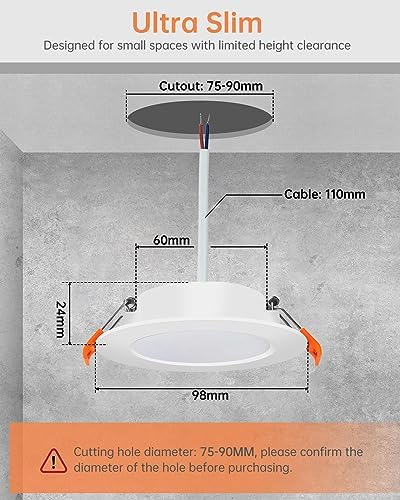 Tomosu LED Downlights for Ceiling Warm White 2700K 5W 450LM, AC 220-240V, Cut Φ75-90mm, 24mm Ultra Slim LED Recessed Ceiling Lights, IP44 Spotlights for Bathroom, 20 Pack