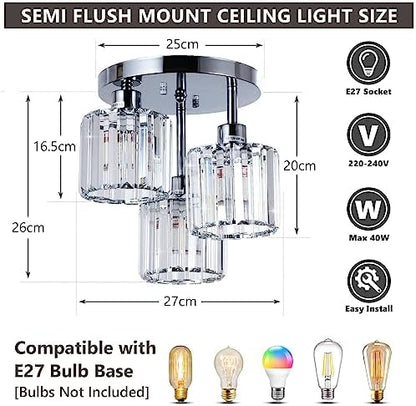 Rayofly Modern Crystal Chandeliers Ceiling Light, 3-Lights Crystal Ceiling Lights Living Room, Chrome Semi Flush Ceilings Light Fittings for Hallway, Bathroom, Bedroom, Foyer, Kitchen Light Fixture