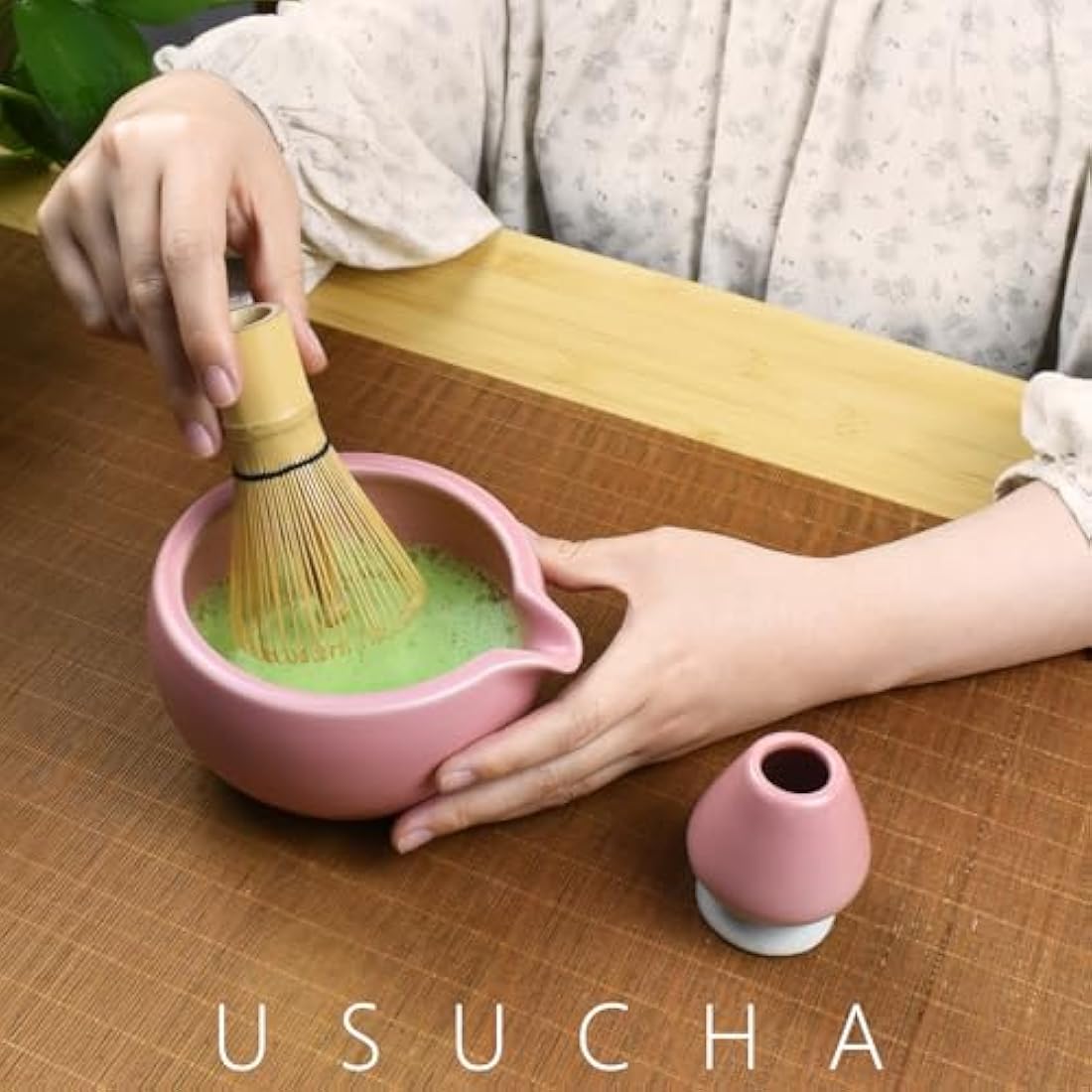 Artcome Complete Matcha Tea Ceremony Kit - Bowl, Whisk, Whisk Holder, Tea Scoop - For Usucha, Koicha, Matcha Latte (Pink)