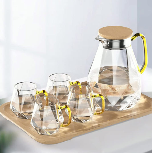 DUJUST Water Jug with 4 Cups, 1 Tray, Elegant Diamond Design Glass Jug with Handle, Decoration for Room, High Durability Pitcher Carafe for Ice Tea