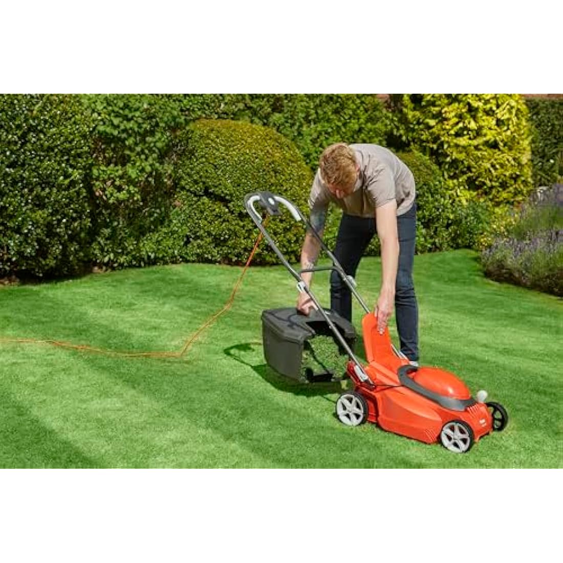 Flymo EasiStore 380R Electric Rotary Lawn Mower - 38 cm Cutting Width, 45 Litre Grass Box, Close Edge Cutting, Rear Roller, Central Height Adjust, Space Saving Storage Features