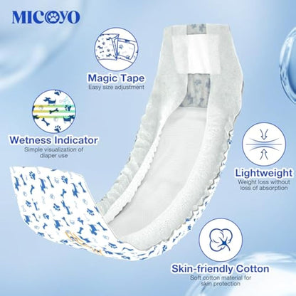 MICOOYO Disposable Dog Nappies Male, Super Absorbent Male Dog Wraps, Doggy Diapers with Wetness Indicator (L, 50pack)