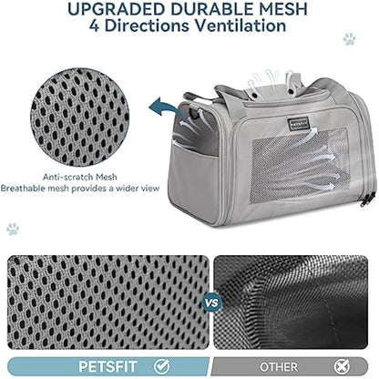 PETSFIT Pet Carrier for Cat with Extendable Fleece Pet Mat, Pet Carrier Airline Approved with Safety Leash for Pets Up to 12 Lbs (44 * 26.5 * 27CM, Grey)