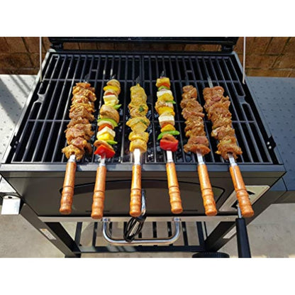 Kebab BBQ Stainless Steel Skewers 6pcs with Wooden Handles. Skewer Length 41cm. Blade Length 30cm Width 1cm Thick 2mm with Storage Pouch