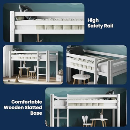 Flair Furnishings Kids Mid Sleeper Bed with Storage, Cabin Bed, Heavy Duty and Sturdy, Cosy, Stylish, Space Saving Design (White)