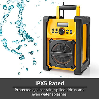 Ex-Pro Job Site FM Radio with Bluetooth, IPX5 Water Resistant Portable Heavy Duty Speaker with AUX In, 20 Presets & Carry Handle, Battery or Mains Powered - Yellow