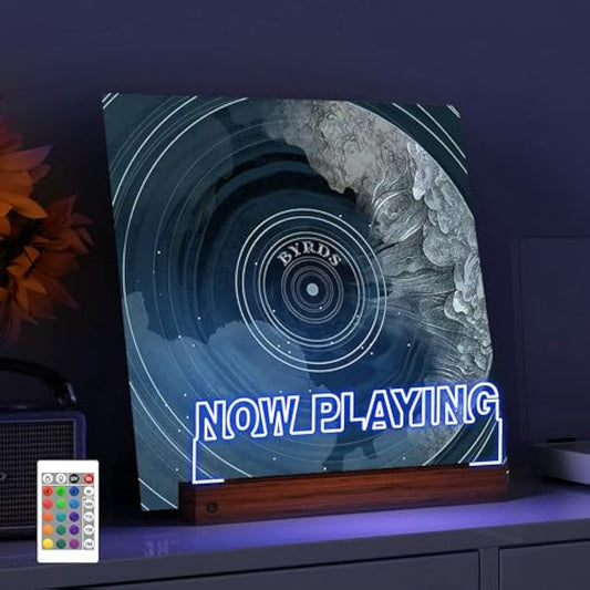 YuanDian Light up Now Playing Vinyl Record Stand, Now Spinning Record Player Stand, Wooden Acrylic Holder for Vinyl Album Display and Storage with 16 Changing Color Lights