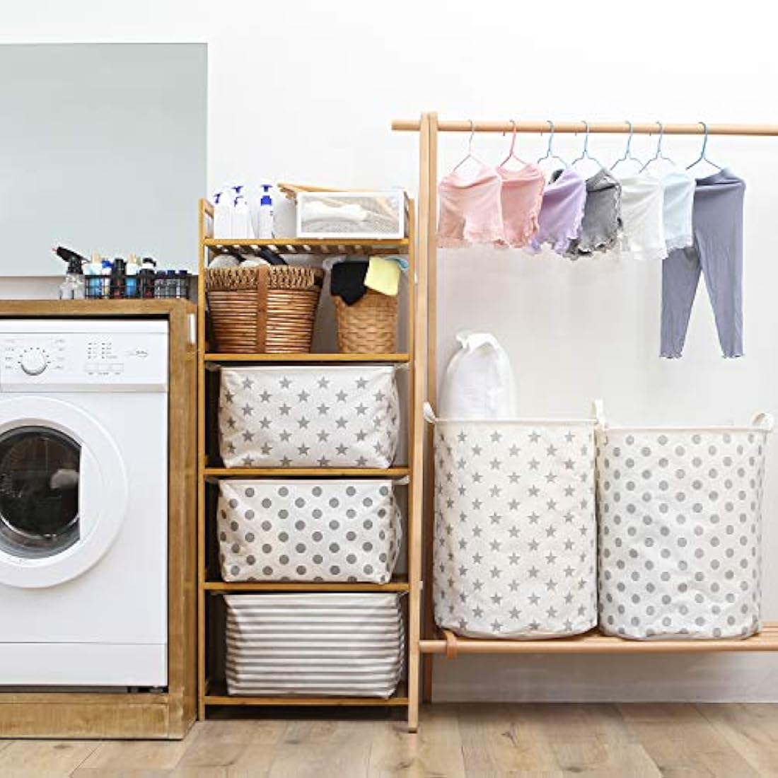 Sea Team 19.7 Inch Large Sized Waterproof Coating Ramie Cotton Fabric Folding Laundry Hamper Bucket Cylindric Burlap Canvas Storage Basket with Stylish Grey Stars Design