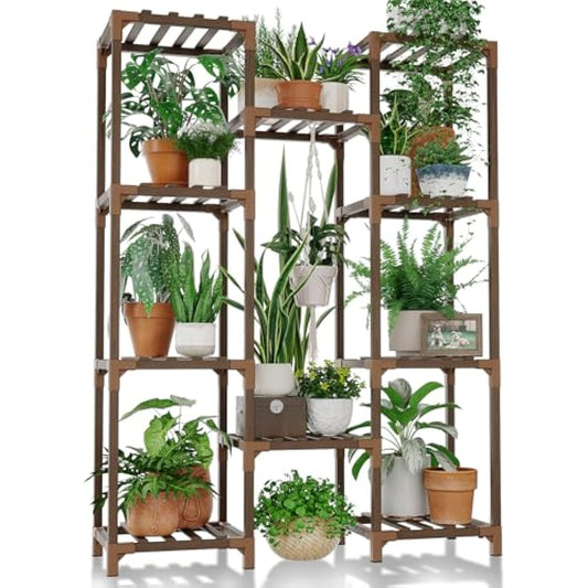 Bamworld Plant Stand Indoor Outdoor Hanging Plant Shelf for Multiple Plants Pots Wood Flower Stand Tall Large Flower Holder for Living Room, Patio, Balcony, Garden Decor, Brown