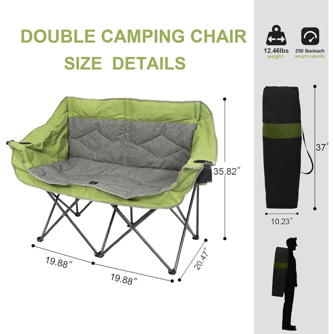 LANMOUNTAIN Folding Loveseat Camping Chair, Portable Double Chair w/Cup Holder,Wine Glass Holder,Carry Bag Heavy Duty Lawn Chair for 2 Adults,Perfect for Camp,Hiking,Picnics and Beach Trips,Green