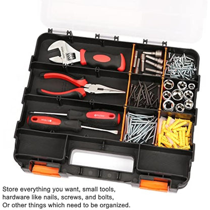 CASOMAN Double Side Tool Organizer, with Impact Resistant Polymer and Customizable Removable Plastic Dividers, Hardware Box Storage, Excellent for Screws,Nuts,Small Parts, Black/Orange. 2-Pieces Pack