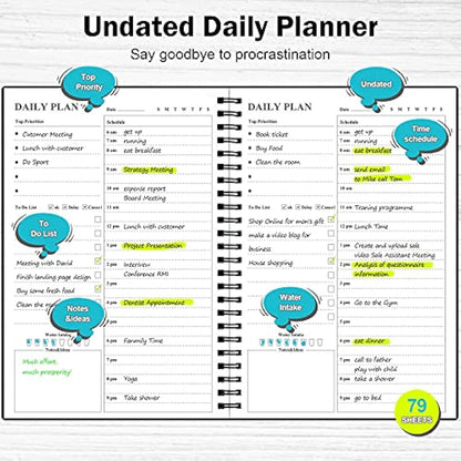 Daily Planner Undated, Asten to Do List Notebook Hourly Schedules Spiral Appointment Planner for Men and Women,PVC Hardcover,Elastic Closure, Inner Pocket 14.7 x 21.2cm (Black)