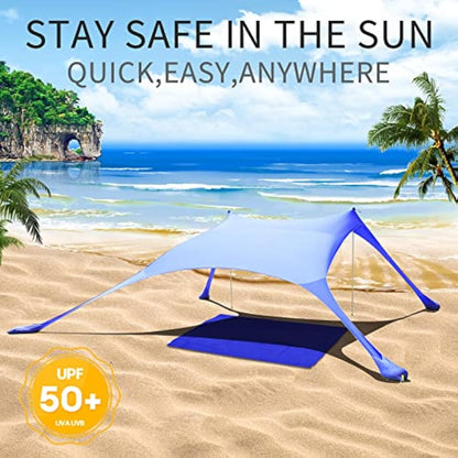 CUUPO 77 FT Beach Tent Sun Shelter UPF50+ UV Protection, Outdoor Canopy Tent Sun Shade with 2 Poles for Camping, Fishing, Backyard and Picnics with Sandproof Beach Blanket Royal Blue
