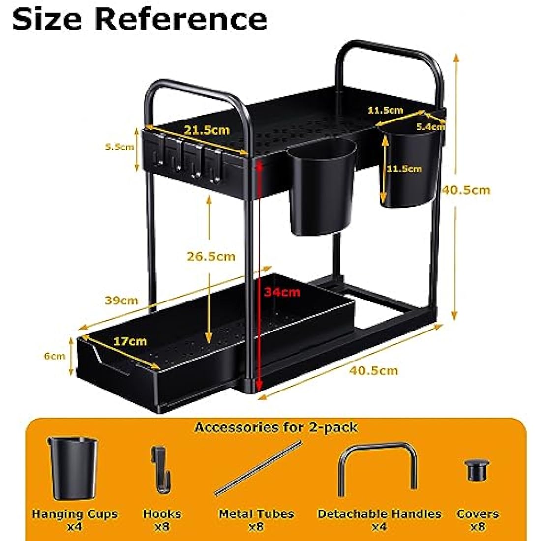 GEMWON Under Sink Storage Kitchen Organiser, 2 Tier Sliding Kitchen Storage Under Sink shelf, Multi-Purpose Organisation for Bathroom, Bottom Slide Out Basket Black 2Piece