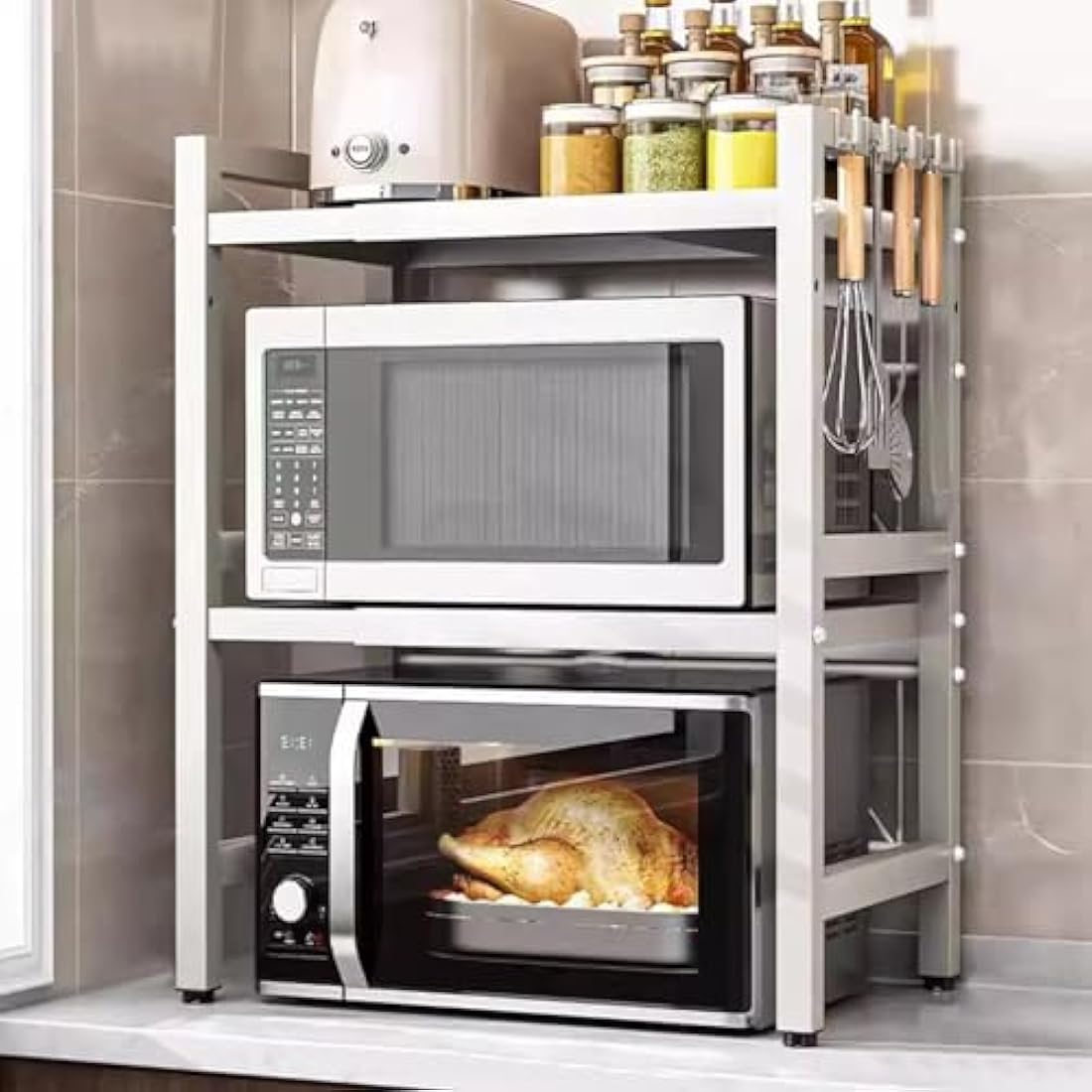 Multibao Expandable Microwave Shelf, 3 Tier Microwave oven Rack Stand Storage Holder Kitchen Corner Shelf Desktop Printer Shelf Rack, Bakers Rack (White)