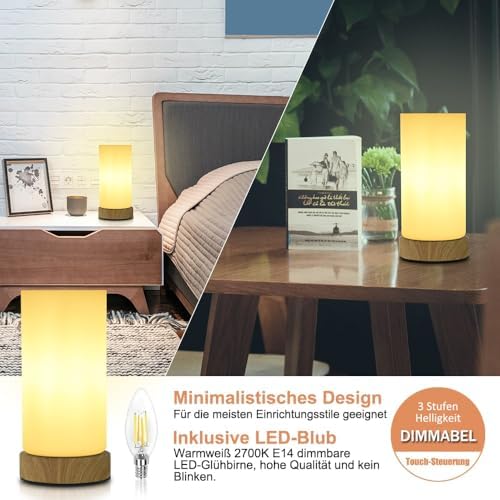 HSLighting Bedside Lamp Touch Control Table Lamp with Wooden Base Warm Glass Shade 3-Level Dimmable LED Light Bulbs Desk Lamp Minimalist for Bedroom Living Room Children's Room Round, 2 Pack