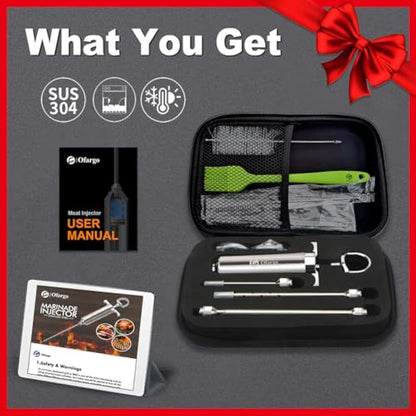 Ofargo 304-Stainless Steel Meat Injector Syringe with 4 Marinade Needles and Travel Case for BBQ Grill Smoker, 2-oz Large Capacity, Both Paper User Manual and E-Book Recipe