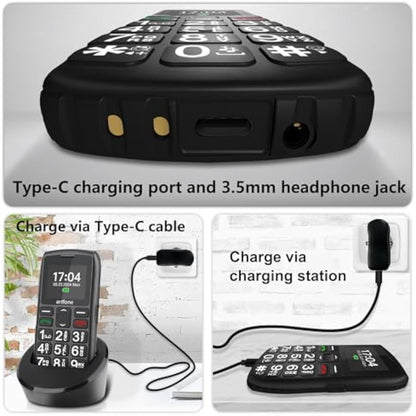 artfone C1+4G Big Button Mobile Phone for Elderly丨USB-C, Charging Dock丨1800mAh Battery丨Easy to Use Basic Elderly Phone丨SIM Free Unlocked Senior Mobile Phone丨SOS Button丨FM Radio丨Time Reporting - Black