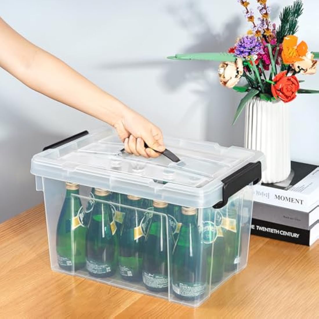 Cetomo 20L*4 Storage Boxes, Carry Plastic Storage Box with Lids, Organizing Container with Handle and Secure Latching Buckles, Stackable, Nestable, Tote Bin for Home Office Clothes, 20L-4Pack, Clear