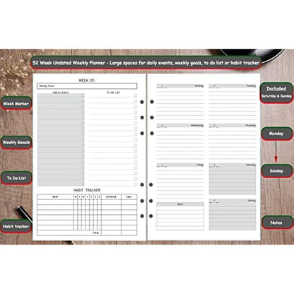 Undated A5 Diary Week to View Refill - 1 Week on 2 Pages, Section with To Do List, Goals & Habit Tracker, Extra Notes, Contact Pages, Weekly Planner Insert for A5 Binder, Thicker Paper 100 gsm, UK
