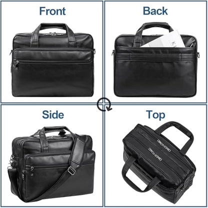 seyfocnia Leather Laptop Bag, Men's 15.6 Inche Messenger Briefcase Business Satchel Computer Handbag Shoulder Bag Fits 15.6 Inch Laptop Computer (Black)