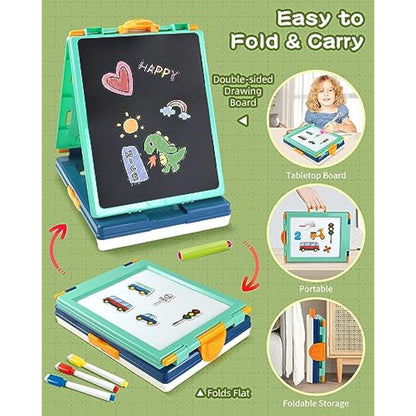 Elovien Easel Kids,Tabletop Easel for Toddler, Foldable 4 in 1 Double Sided Kids Art Easel with Chalkboard & Magnetic Whiteboard,Portable Desktop Drawing Board - Gift for Boys and Girls (Green)