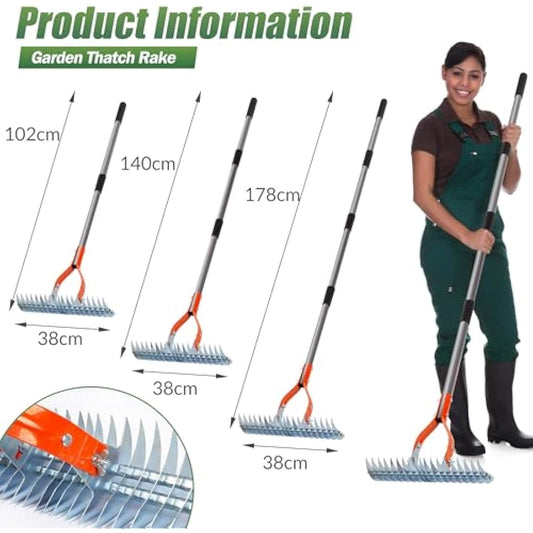 Walensee Thatch Rake, 15-Inch Lawn Thatching Rake, Robust Dethatcher Rake, Efficient Steel Metal Rake with Handle, Versatile Grass Grooming Rake for Cleaning Dead Grass, Yard Garden Durable Soil Rake