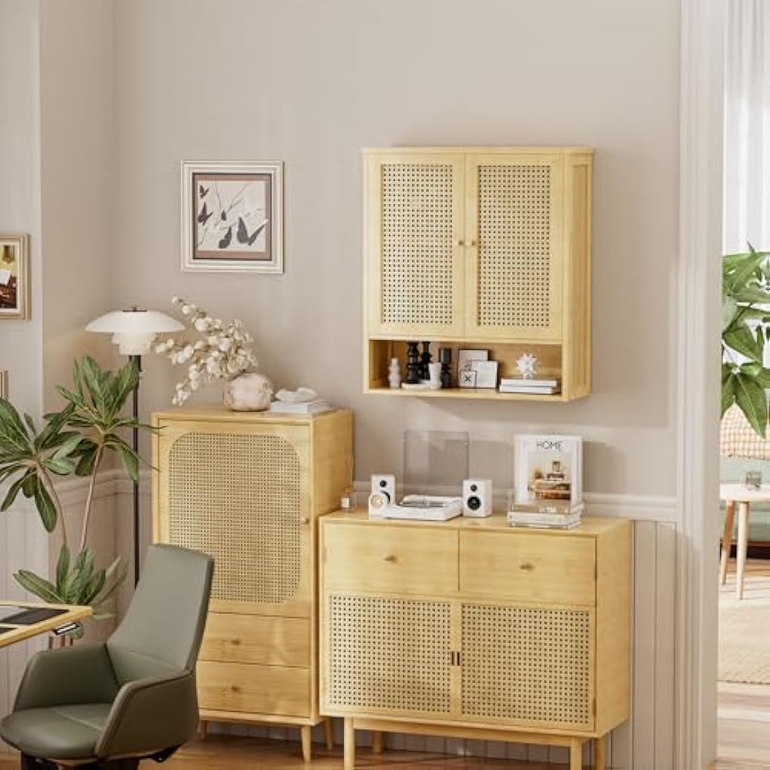 vovala Bathroom Wall Cabinet, Bamboo Over-The-Toilet Storage Organizer with 2 Rattan Doors and Adjustable Shelf, Space Saver Medicine Cabinet for Laundry, Kitchen, Living Room (Natural)