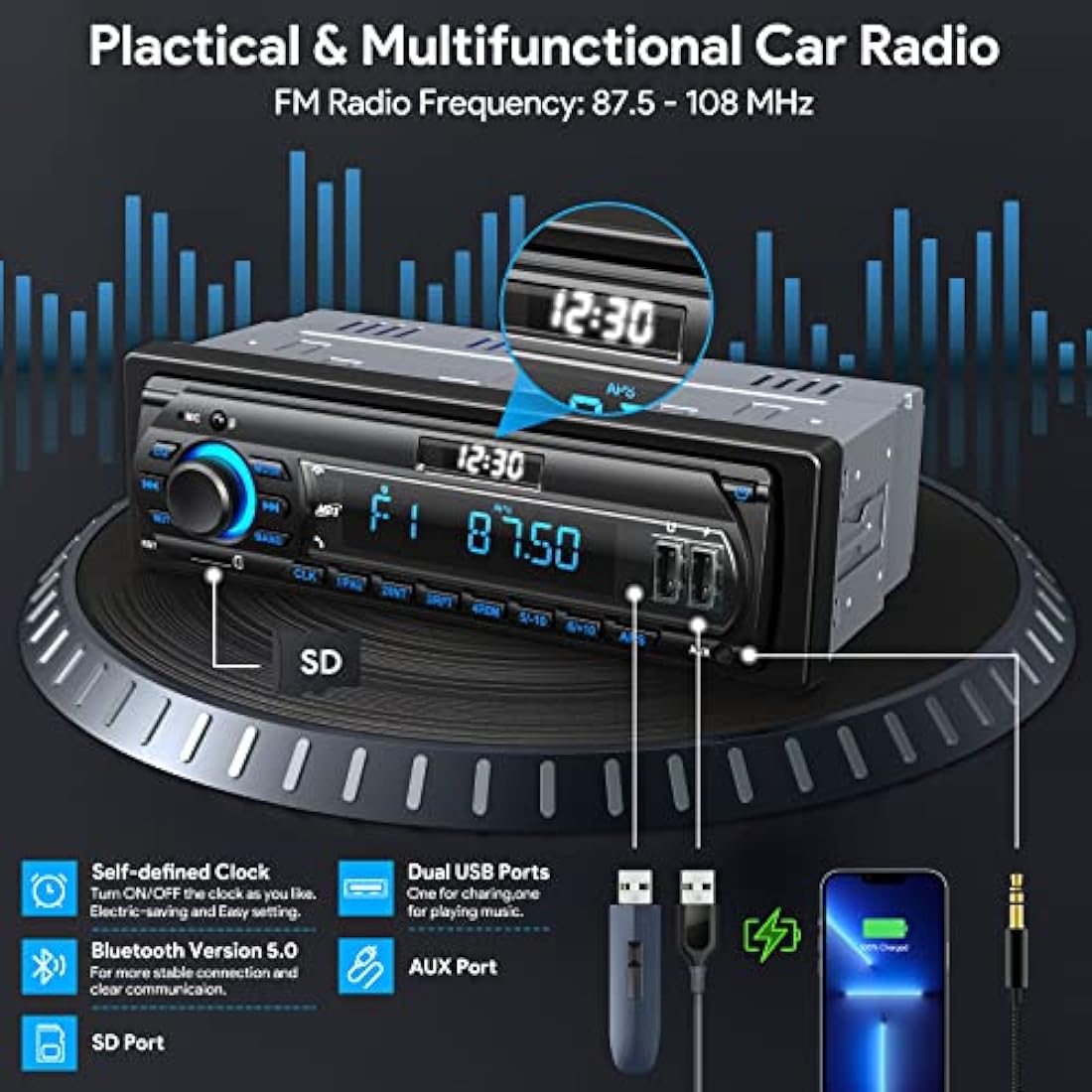 RDS Car Radio Bluetooth Hands-free, 9-24V Car Stereo Bluetooth 4 x 65W FM/AM Radio LCD Clock with 7 Colors Lighting, MP3 Player Supports 2 USB/AUX/SD