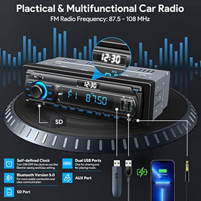 RDS Car Radio Bluetooth Hands-free, 9-24V Car Stereo Bluetooth 4 x 65W FM/AM Radio LCD Clock with 7 Colors Lighting, MP3 Player Supports 2 USB/AUX/SD