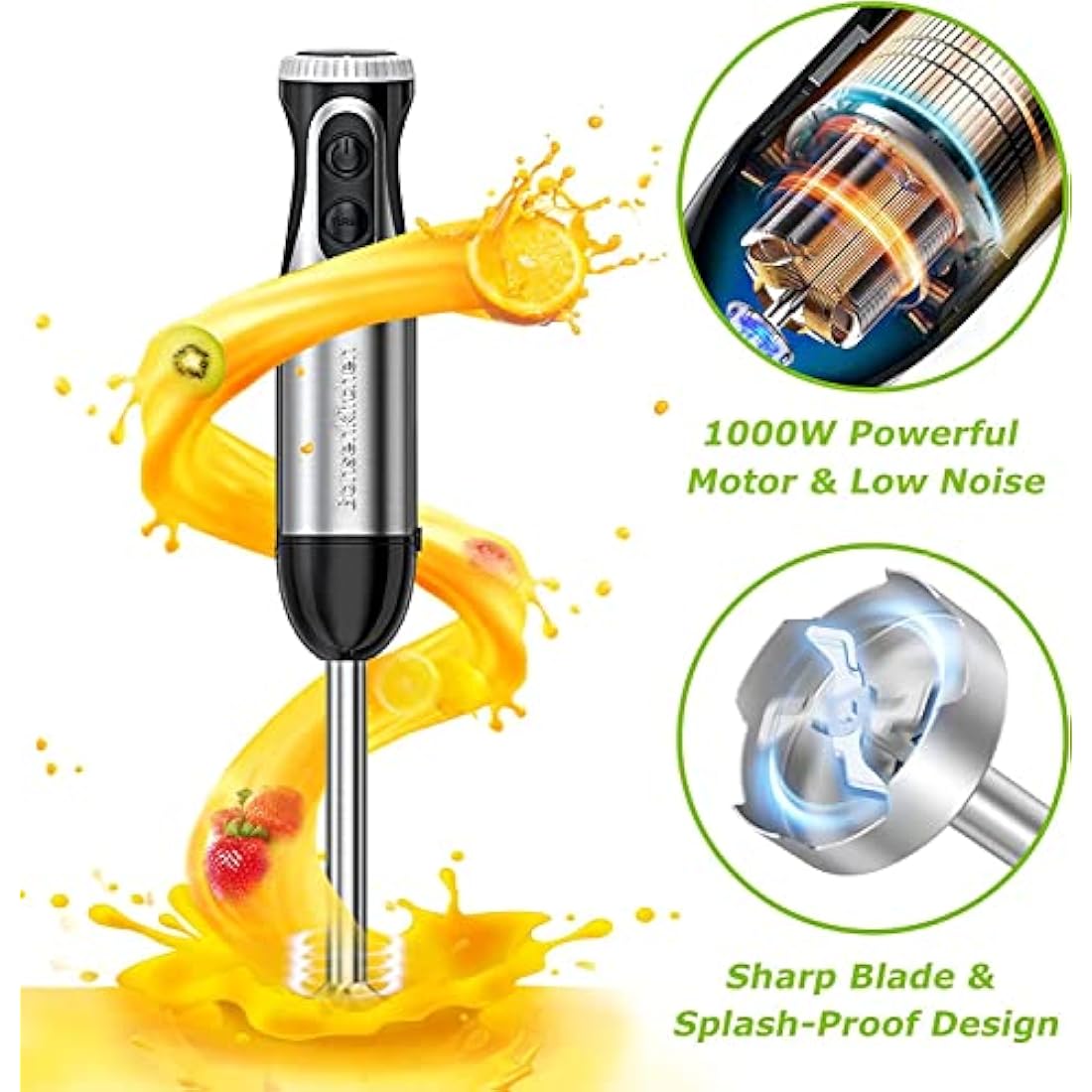 Bonsenkitchen Stainless Steel Hand Blender, 4-in-1 Stick Blender 1000W, 20 Speed Adjustable, with Whisk, 500ml Chopper and 700ml Measuring Cup, Food Processor (HB3203)