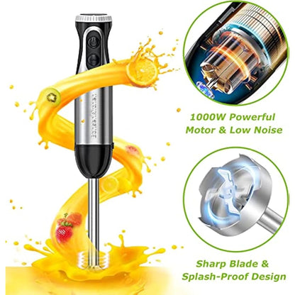 Bonsenkitchen Stainless Steel Hand Blender, 4-in-1 Stick Blender 1000W, 20 Speed Adjustable, with Whisk, 500ml Chopper and 700ml Measuring Cup, Food Processor (HB3203)