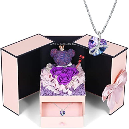 Preserved Purple Rose Moss Bear with Purple heart crystal necklace, Gifts for Women,Girlfriend,Wife,Mum,Gifts for her on Birthday, Anniversary, Valentine's Day, Mother's Day, Christmas