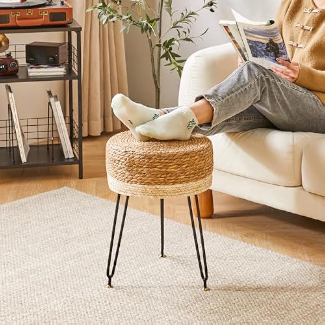 YMYNY Footstool Natural Seagrass Hand Weave, Vanity Makeup Stool, Pastoral Style Footrest, Padded Foot Rest with Metal Legs, Foot Rest Sofa Stool, for Living Room, 32×32×45CM Natural&White HBD029W