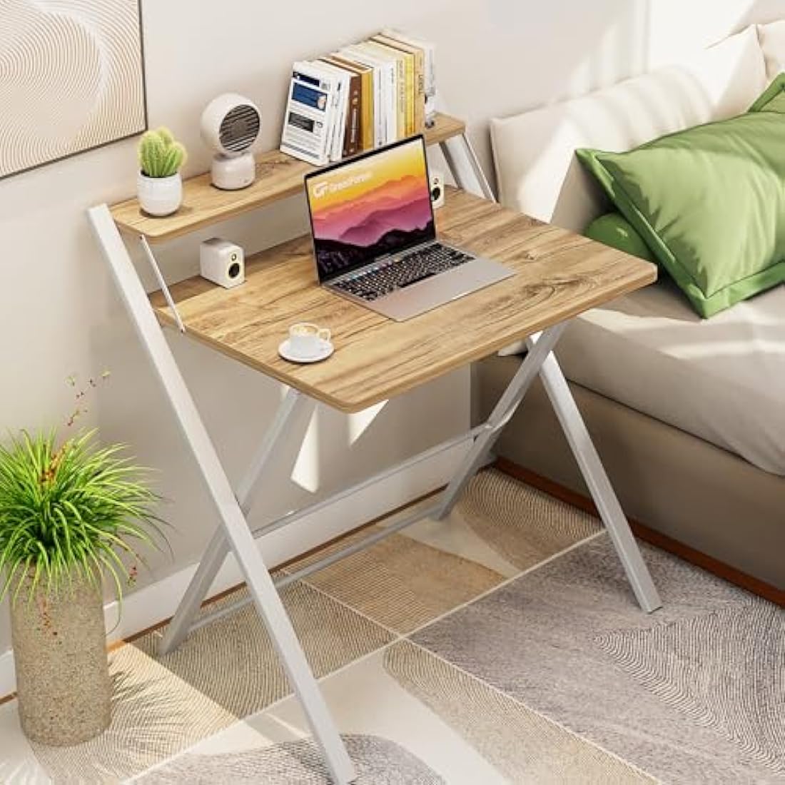 GreenForest Foldable Desk No Assembly Required,Small Desk with Monitor Shelf,Computer Desk for Small Space,Oak