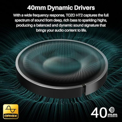 TOZO HT2 Hybrid Active Noise Cancelling Wireless Headphones, 60H Playtime Lossless Audio Over Ear Bluetooth Headphones, Hi-Res Audio Deep Bass Foldable Lightweight Headset for Workout