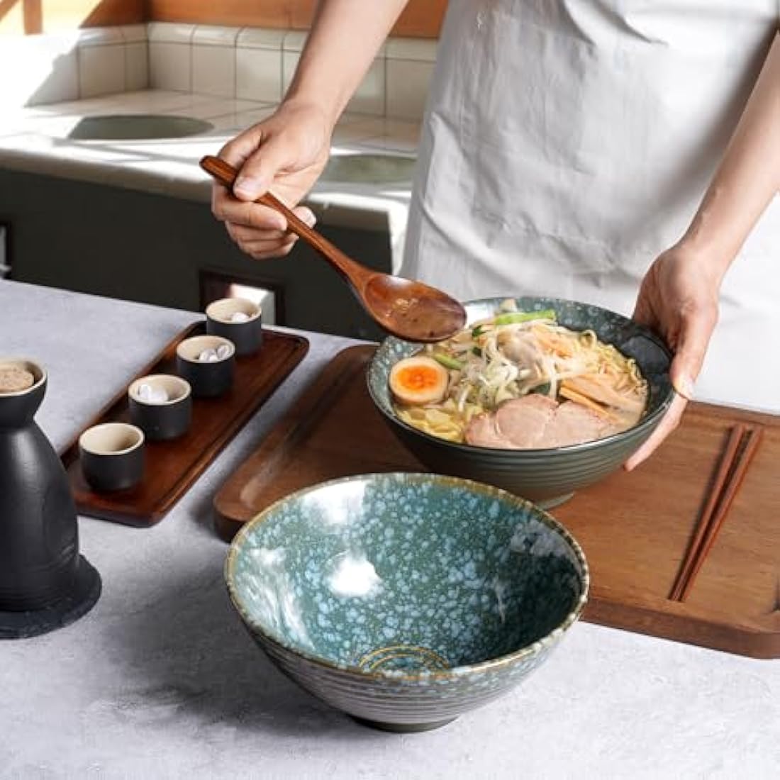 NUTRIUPS 1200ml Ceramic Ramen Bowl Set of 2 Noodle Bowls with Chopsticks and Spoons (Emerald)