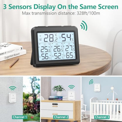 ORIA Digital Thermometer Hygrometer with 3 Sensors, Indoor/Outdoor Humidity Meter Temperature Monitor, Wireless Weather Station with Backlight, Comfort Icon, Arrow Trends for Temp and Humidity -Black