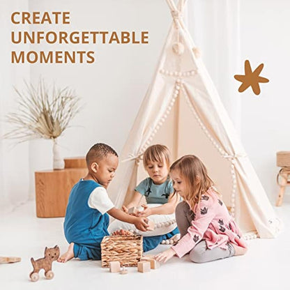 MINICAMP Original Teepee Tent for Kids, Handmade Natural Canvas & Wooden Playhouse for Children & Toddlers, Indoor Sleepover Play Tent for Girls & Boys, Extra-Stable Child Tipi with Pom-Poms