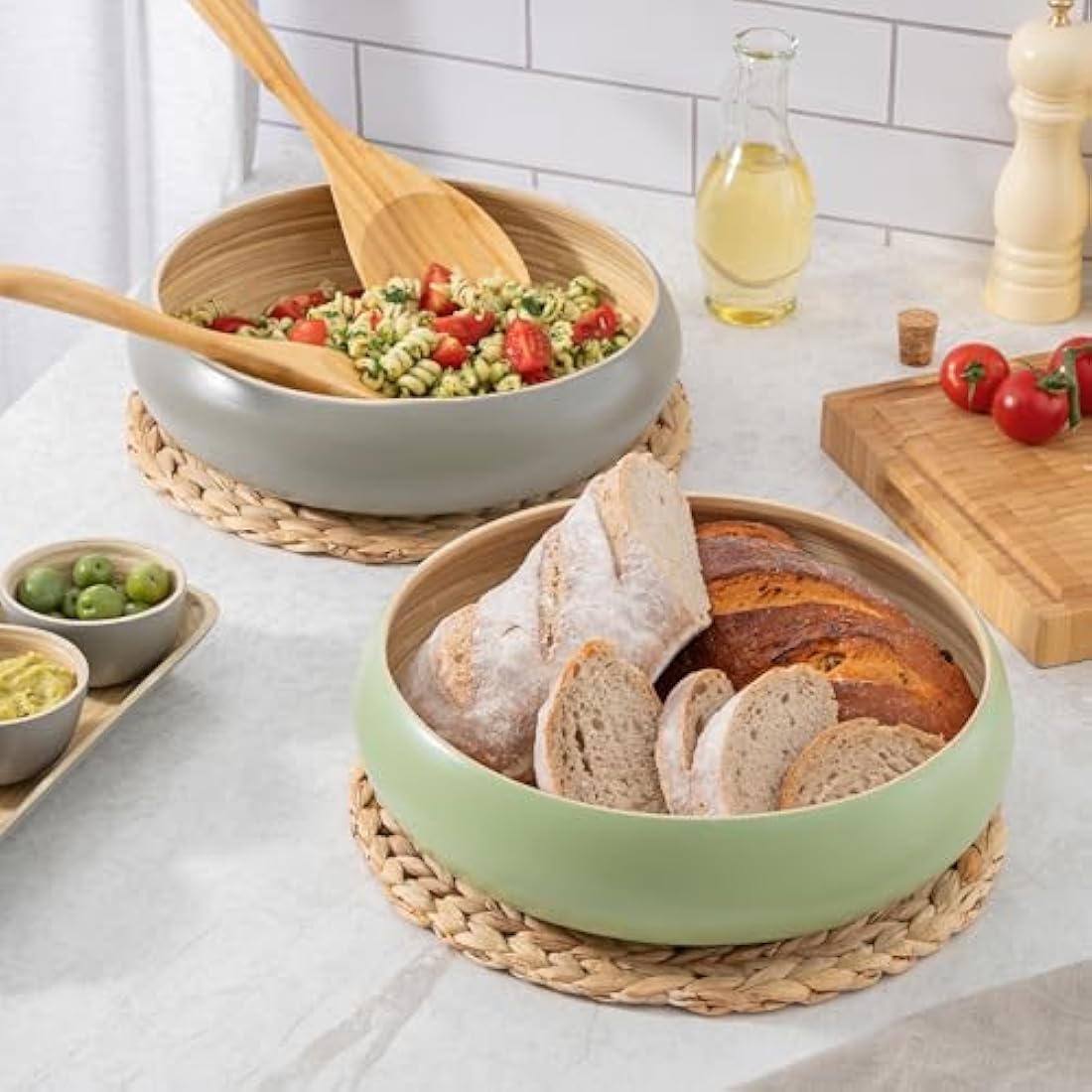 Dehaus® Large Stylish Bamboo Fruit Bowl - 30cm, Black - Wooden Salad Serving Bowl - Fruit Basket for Kitchen or Bread Basket - Table Centrepiece Decoration - Home & Kitchen Tableware Accessories