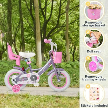 Glerc Maggie 12 Inch Kids Bike for 2-13 Years Old, Girls Bicycle with Doll-Seat & Basket & Stabilisers & Kickstand, Multiple Colors