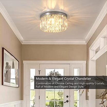 Rayofly Modern Crystal Chandeliers Ceiling Lights, 2-Tiers Crystal Flush Ceiling Lights, Chrome, 6-Lights G9, Elegant Glass Crystal Chandelier Lamps for Living Room, Hall, Bathroom, Bedroom, Foyer