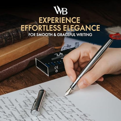 Wordsworth & Black Fountain Pen Set, 18K Gilded Fine Nib, Includes 24 Pack Ink Cartridges, Ink Refill Converter & Gift Box, Gold Finish, Calligraphy, [Silver Chrome], Perfect for Men & Women