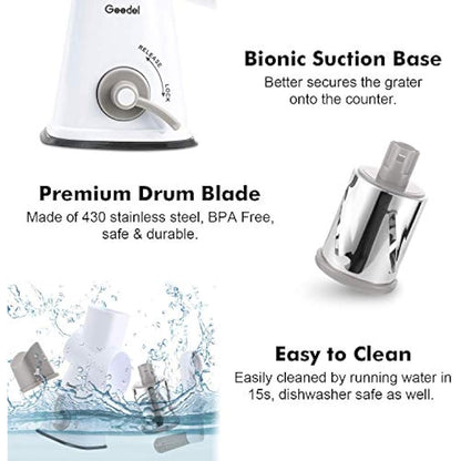 Rotary Cheese Grater, Mandoline Vegetable Slicer with 3 Detachable Drum Blades, Rotary Grater for Kitchen Dishwasher Safe, Effiently Cheese Grinder for Vegetables, Nuts, etc