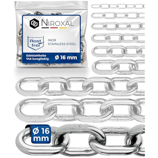 150 cm = 1.5 m 16 mm thick anchor chain, sold by the metre, V4A metal chain, short links in one piece, swing chains, A4, DIN 56856, iron chain, DIN 766, rustproof barrier chain, stainless steel, 1.5 m